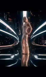a woman standing in front of a large mirror