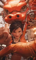 a girl poses with her arm over the face of a robot