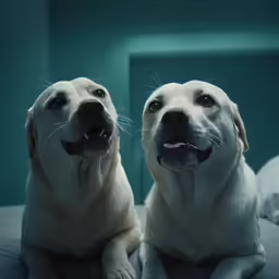 two white dogs looking straight ahead, with their mouths open