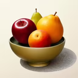 apples and oranges in a bowl, with a white background