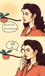 two panels with one showing the woman holding a plant and talking to another panel with an angry emote on it