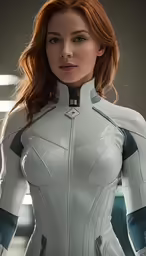 the woman in a futuristic suit is standing in a room