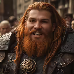 a man with a long red beard smiles in the street