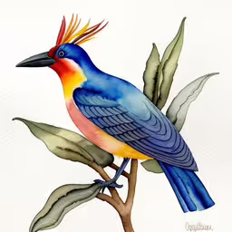 a colorful bird on a branch with leaves,a watercolor painting of a colorful bird on a branch