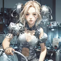 a woman with robot arms, a steering wheel and a robotic hand