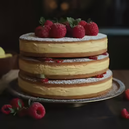 a cake covered in powdered sugar, raspberries, and sugar