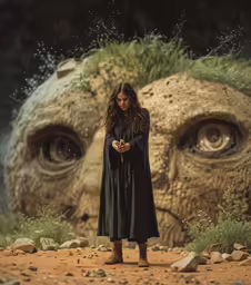 a woman standing in front of a strange looking face