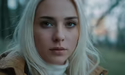 a blond woman with blue eyes posing for a portrait
