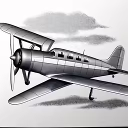 drawing of the world war i propeller plane, with clouds in the background