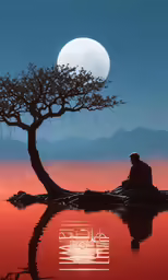a man sits beneath a tree in the moonlight