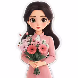 the girl in a pink dress is holding flowers