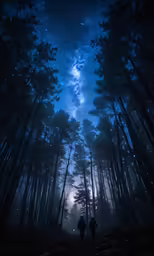 people standing in a dense area with trees under a starry sky