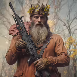 man with beard wearing wreath and crown holding rifle