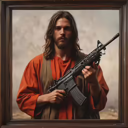 a framed image of a man holding a rifle