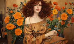 a woman posing for a portrait near many orange flowers