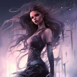 a woman in a black dress with feathers on her hands and a cat next to her,an art print of a young, dark haired woman standing in front of a background