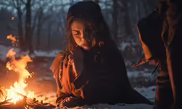 a girl sitting in the snow with her head on her hand over a campfire