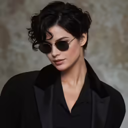 a woman wearing sunglasses and a black jacket