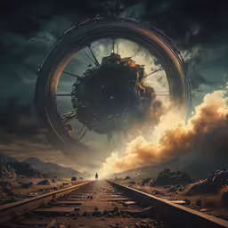 an surreal looking image of a bicycle wheel floating over a train track