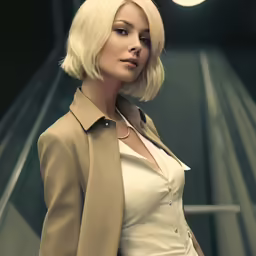 an elegant blonde model in a business suit with her hand on her hip