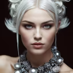a beautiful blonde woman with pearls wearing white hair