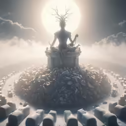 a statue of a man on top of various small pieces of paper