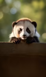 a small panda bear standing on a wood plank