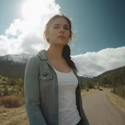 a woman standing on a road with the sun in her face