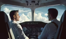 two pilots at the controls of an airplane looking on