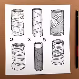 a drawing of many different types of rolls,four different drawings of wrapped paper on top of a sheet