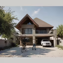 two people are standing in front of a house with a car and a bike