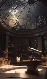 a sunlit room containing a round table and a telescope