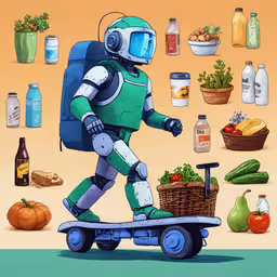 an art print of a robot on a skateboard,an image of a robot riding on a skateboard