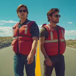 two men walking on the side of the road next to each other