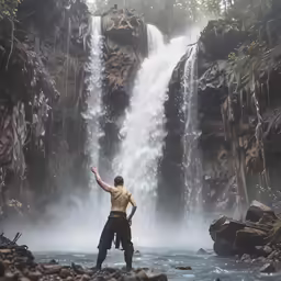 a person standing in front of a waterfall holding a frisbee