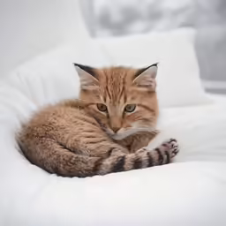 a cat is laying down on a white bed