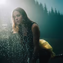 the woman is looking down at the rain