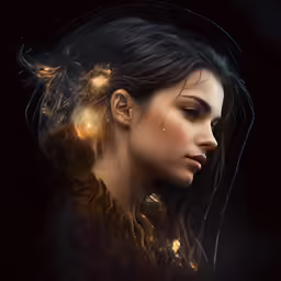 a woman with her eyes closed and lights shining in the background
