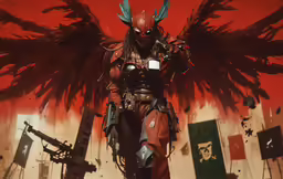 a man with large wings standing next to guns