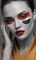 a woman wearing orange and black lipstick with her face painted white