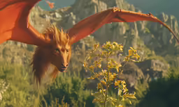 a yellow dragon with red wings is seen