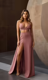 a woman wearing a purple dress, and a high slit slit skirt