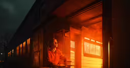 a person in an orange shirt sitting on a bench at night,girl sitting on a bench in front of a fire