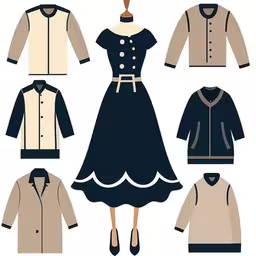 a group of different kinds of clothes,a paper doll standing next to some clothes