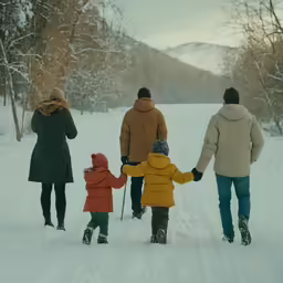 a family walking in the snow with trees in the background