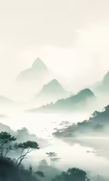fog over a body of water with mountains in the distance