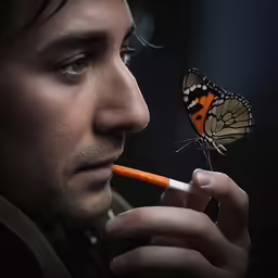 a man smoking and a butterfly on his nose