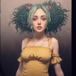 an artistic portrait with green hair, and a yellow blouse