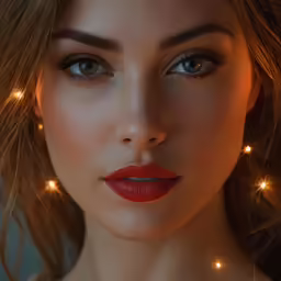 a beautiful woman with red lipstick wearing christmas lights