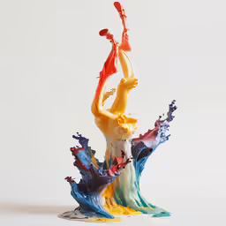 the figurine is falling and has splashing paint all over it